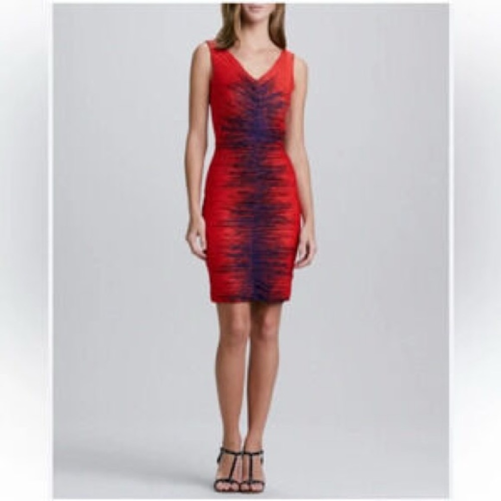 Halston Heritage Sondra Red and Ultraviolet Ruched Bodycon Mini Dress Size 2